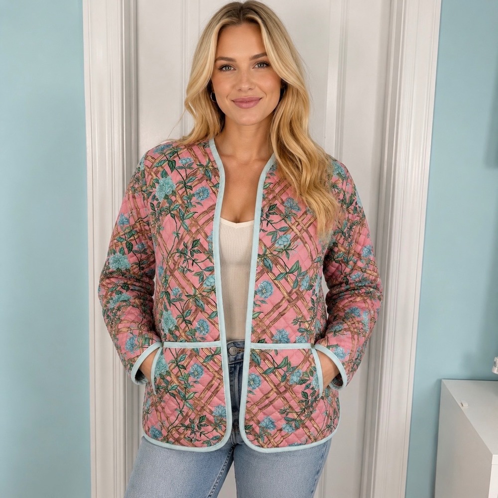Marigold by Victoria Dunn Pink Floral Trellis Quilted Jacket XL New‎